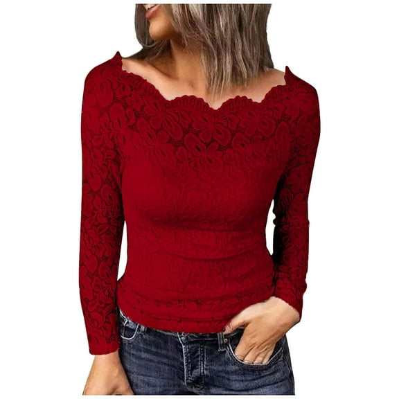 IROINNID Women's Solid Lace Long Sleeve Off Shoulder Pullover Casual Slim Fit Fall Blouses,Burgundy