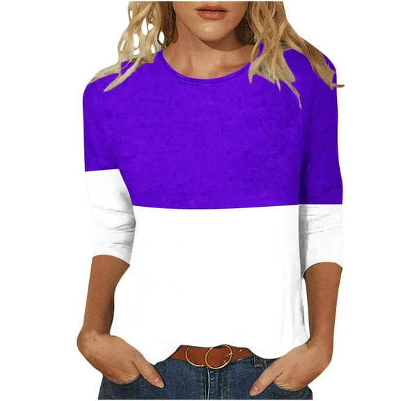 IROINNID Womens 3/4 Sleeves Tops Printed Loose T-shirt Mid-length Blouse Round Neck Home Tops,Purple