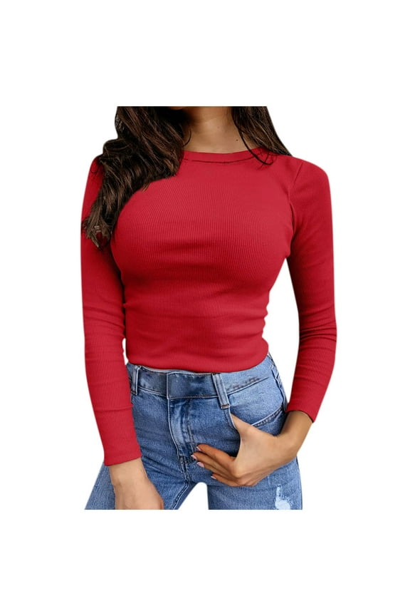 Womens Long Sleeve Tops Fall Stretch Slim Fitted Ribbed T-Shirt Blouse Solid Basic Tops,Red