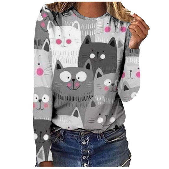 IROINNID Reduced Womens Long Sleeve Tops Loose Round-Neck Blouse Christmas Printing T-Shirt Tops,Gray