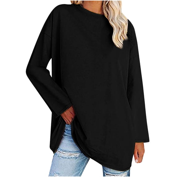 IROINNID Reduced Womens Long Sleeve Tops Lounge Round Neck Solid Loose Shirt Blouse Tops,Black