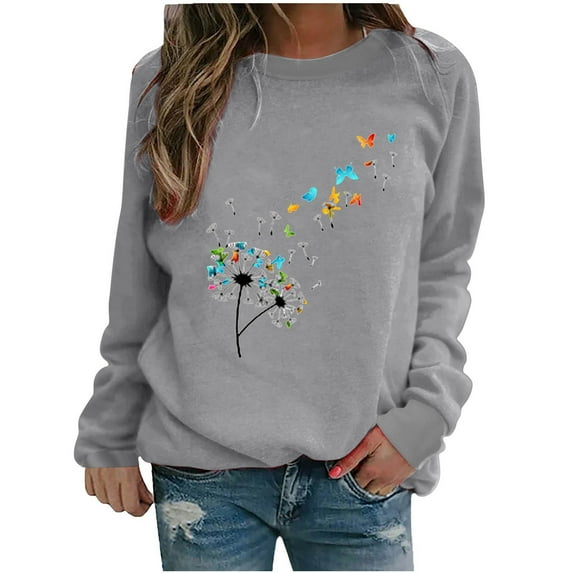 IROINNID Reduced Womens Long Sleeve Tops O-Neck Printing Loose Lounge Hedging Hoodie Tops,Gray