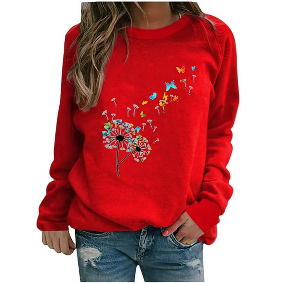 IROINNID Reduced Womens Long Sleeve Tops O-Neck Printing Loose Lounge Hedging Hoodie Tops,Red