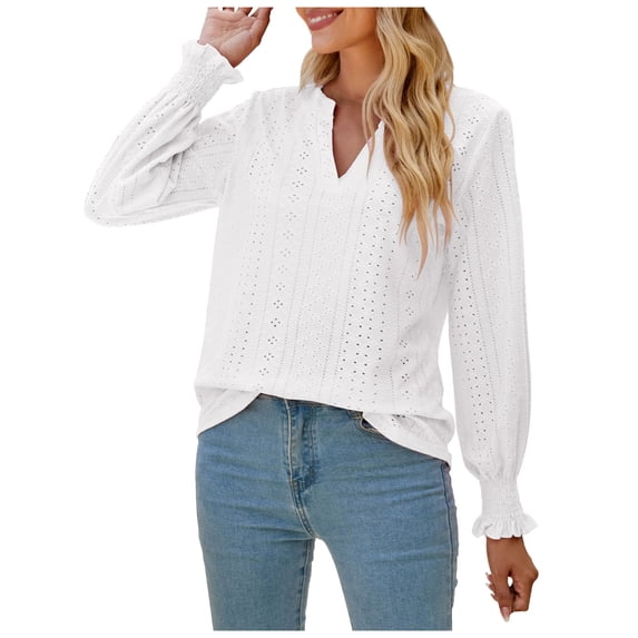 IROINNID Reduced Womens Long Sleeve V-Neck Shirts Lounge Comfortable Solid Color Ruffle Sleeve Tops Blouse,White