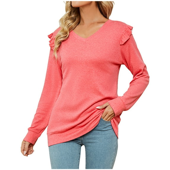 IROINNID Reduced Womens Long Sleeve V-Neck Shirts Lounge Solid Ruffles Hoodie T-Shirt Blouse,Hot Pink
