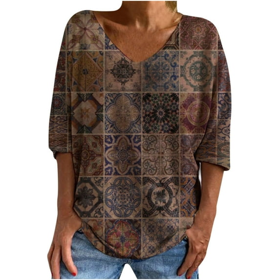 IROINNID Reduced Womens Long Sleeve V-Neck Shirts Lounge T-shirt Vintage Ethnic Print 3/4 Sleeve Pullover Blouse Tops,Gray