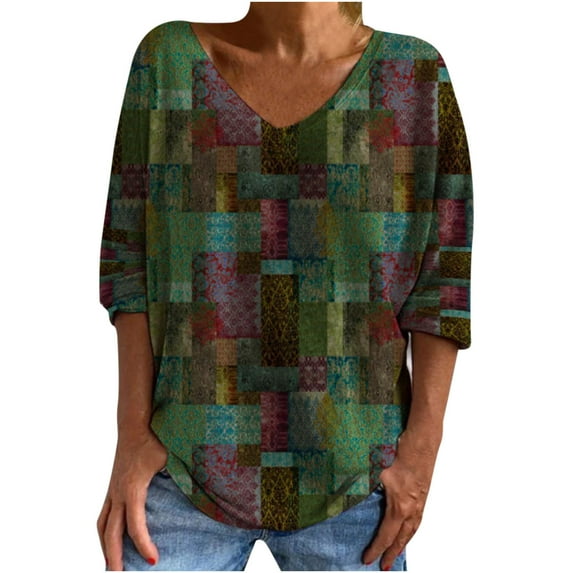 IROINNID Reduced Womens Long Sleeve V-Neck Shirts Lounge T-shirt Vintage Ethnic Print 3/4 Sleeve Pullover Blouse Tops,Green