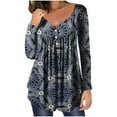 thumbnail image 1 of IROINNID Reduced Womens Long Sleeve V-Neck Shirts V- Lounge T-shirt Retro Printed Recreational Pullover Tops,Dark Blue, 1 of 5