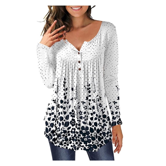IROINNID Reduced Womens Plus Size Tops Button Blouse Printing Lounge Long Sleeves (No Positioning Printing,White