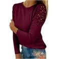 thumbnail image 1 of IROINNID Womens Plus Size Tops Home Solid Round-Neck Lace Hollow Out Long Sleeve Pullover Slimming Fit T-shirt Tops,Burgundy, 1 of 6