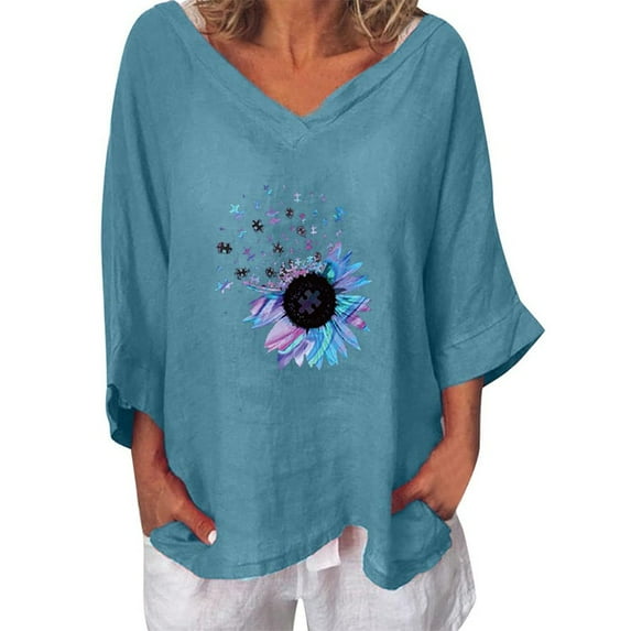 IROINNID Reduced Womens Plus Size Tops Sunflower Printed T-shirt Cotton Hemp 3/4 Sleeves Blouse Round Neck Lounge Tops,Blue