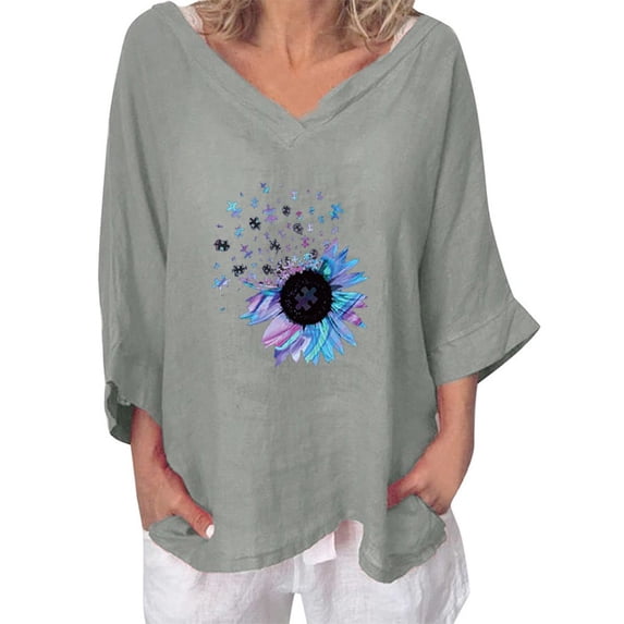 IROINNID Reduced Womens Plus Size Tops Sunflower Printed T-shirt Cotton Hemp 3/4 Sleeves Blouse Round Neck Lounge Tops,Gray