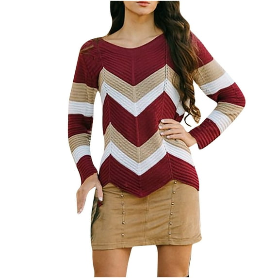 IROINNID Reduced Womens Sweater Boat Neck Pullover Sweater Stripes Casual Mid-Length Long Sleeve Wave Contrast Sweater