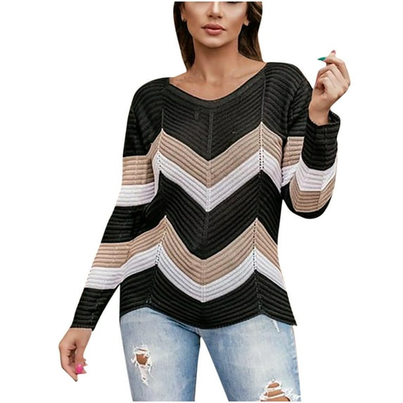 IROINNID Reduced Womens Sweater Boat Neck Pullover Sweater Stripes Casual Mid-Length Long Sleeve Wave Contrast Sweater
