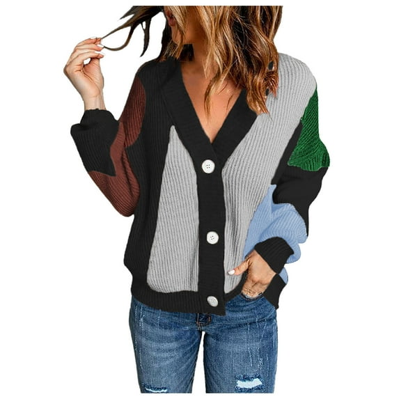 IROINNID Womens Sweater Button Down Pullover Sweater Color Block Loose Mid-Length Long Sleeve Button Blocking Knitted Tops Blouse