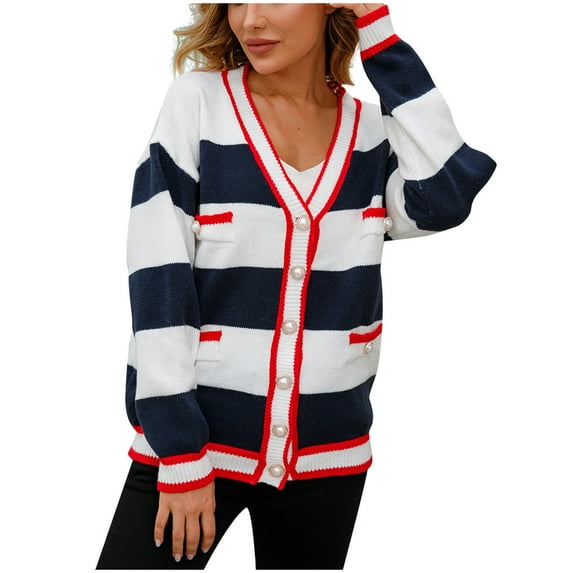 IROINNID Reduced Womens Sweater Button Down V-Neck Pullover Sweater Stripes Comfy Mid-Length Long Sleeve Autumn Sweater Blouse Button Tops