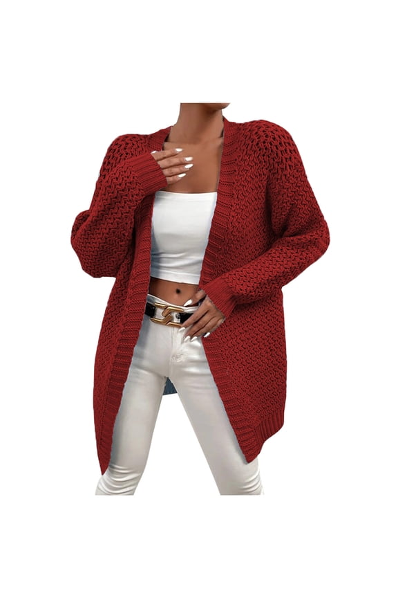 Womens Sweater Cardigans Sweater Solid Color Leisure Mid-Length Long Sleeve Knitting Cable Sweaters Tops