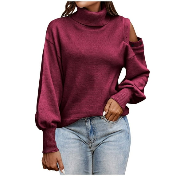IROINNID Reduced Womens Sweater Cold Shoulder Pullover Sweater Solid Color Loose Short Length Long Sleeve Sweaters Tops