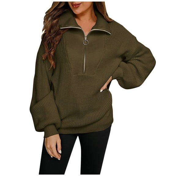 IROINNID Womens Sweater Half-Zip Up V-Neck Pullover Sweater Solid Color Casual Short Length Long Sleeve Plus Size Pocket Tops Blouse
