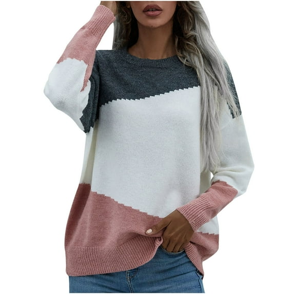 IROINNID Reduced Womens Sweater Jumper Round Neckline Pullover Sweater Color Block Leisure Short Length Long Sleeve Autumn and Winter Top Piece Piece Knit Sweater