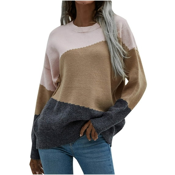 IROINNID Reduced Womens Sweater Jumper Round Neckline Pullover Sweater Color Block Leisure Short Length Long Sleeve Autumn and Winter Top Piece Piece Knit Sweater