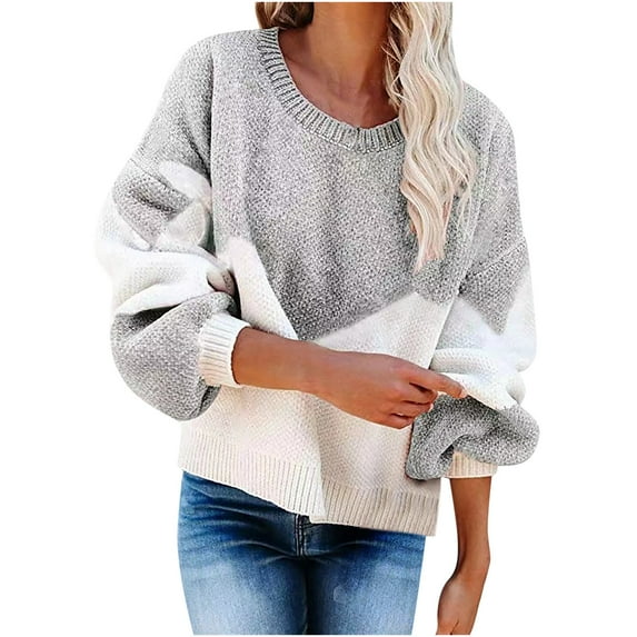 IROINNID Reduced Womens Sweater Jumper Round Neckline Pullover Sweater Color Block Loose Short Length Long Sleeve Knit Sweater