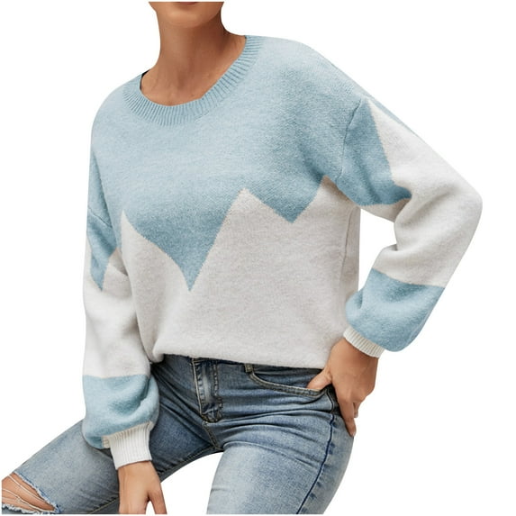 IROINNID Reduced Womens Sweater Jumper Round Neckline Pullover Sweater Color Block Loose Short Length Long Sleeve Knit Sweater