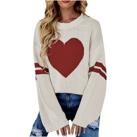 IROINNID Reduced Womens Sweater Jumper Round Neckline Pullover Sweater Graphic Prints Loose Short Length Long Sleeve Love Sweater