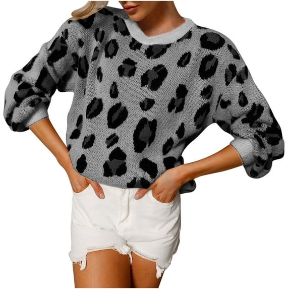 IROINNID Reduced Womens Sweater Jumper Round Neckline Pullover Sweater Leopard Print Loose Mid-Length Long Sleeve Sweater