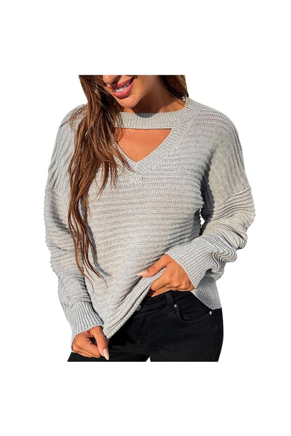 Womens Sweater Keyhole Neck Pullover Sweater Solid Color Casual Mid-Length Long Sleeve Knit Sweater Coat