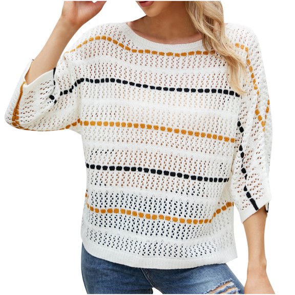 IROINNID Womens Sweater Knit Boat Neck Pullover Sweater Stripes Casual Mid-Length Long Sleeve Tops Blouse