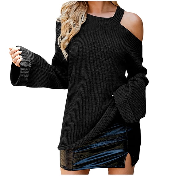 IROINNID Reduced Womens Sweater Knit Cold Shoulder Pullover Sweater Solid Color Casual Mid-Length Long Sleeve Flared Sweater Top