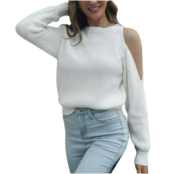IROINNID Reduced Womens Sweater Knit Cold Shoulder Pullover Sweater Solid Color Leisure Mid-Length Long Sleeve Sweater Autumn Blouse Tops