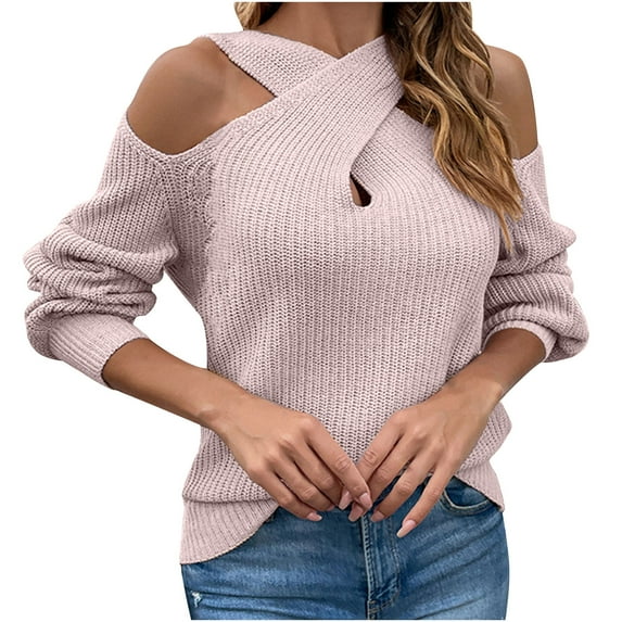 IROINNID Reduced Womens Sweater Knit Cold Shoulder Pullover Sweater Solid Color Loose Mid-Length Long Sleeve Sexy Sweater