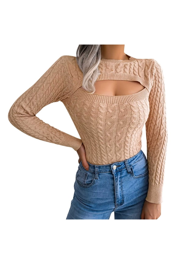 Womens Sweater Knit Keyhole Neck Pullover Sweater Solid Color Casual Short Length Long Sleeve Sweater