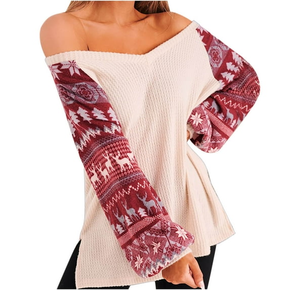IROINNID Reduced Womens Sweater Knit Off-The-Shoulder Pullover Sweater Print Loose Mid-Length Long Sleeve Splicing Line Sweater Tops Blouse