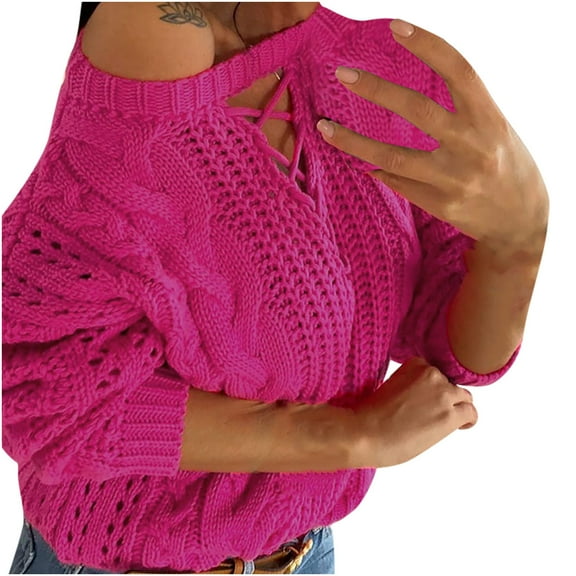 IROINNID Womens Sweater Knit One-Shoulder Pullover Sweater Solid Color Casual Mid-Length Long Sleeve Hollow Drawstring Knitted Sweater