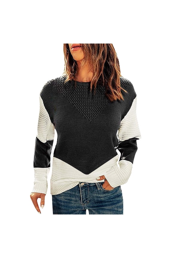 Womens Sweater Knit Round Neckline Pullover Sweater Color Block Comfy Mid-Length Long Sleeve Ruched Blouse Tops