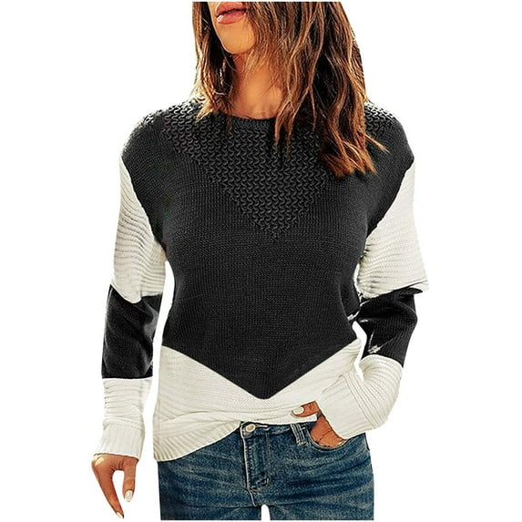 IROINNID Womens Sweater Knit Round Neckline Pullover Sweater Color Block Comfy Mid-Length Long Sleeve Ruched Blouse Tops