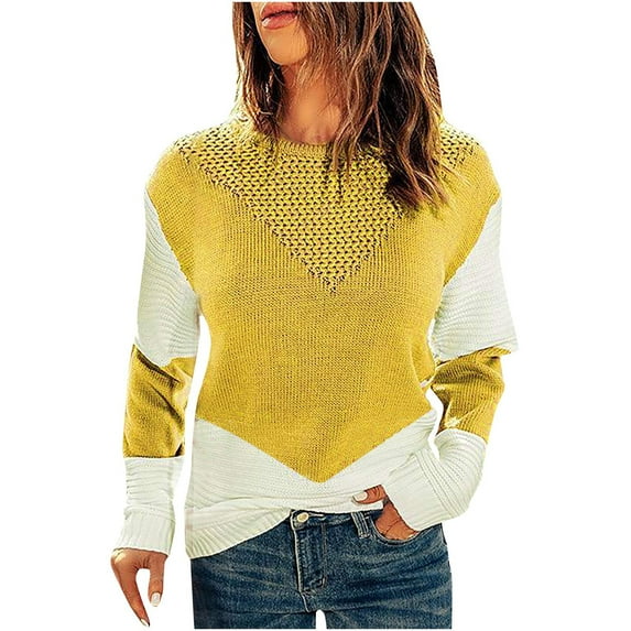 IROINNID Reduced Womens Sweater Knit Round Neckline Pullover Sweater Color Block Comfy Mid-Length Long Sleeve Sexy Ruched Blouse Tops
