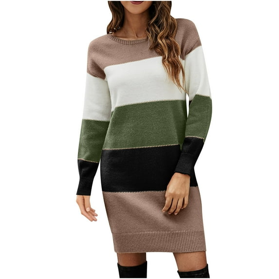 IROINNID Reduced Womens Sweater Knit Round Neckline Pullover Sweater Color Block Comfy Mid-Long Long Sleeve Crew Neck Matching Tops Blouse Knitted Sweater