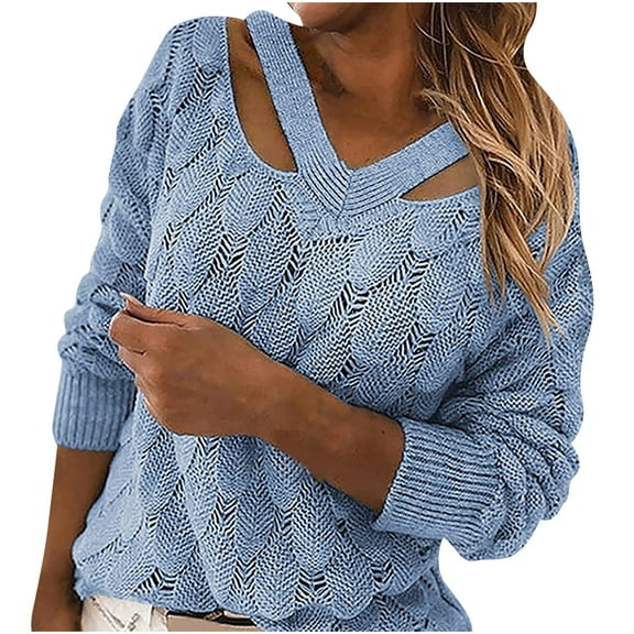 IROINNID Womens Sweater Knit V-Neck Pullover Sweater Solid Color Leisure Mid-Length Long Sleeve Hollow Out Line Sweater Tops Blouse