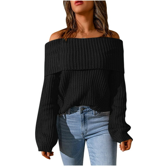 IROINNID Reduced Womens Sweater Off-The-Shoulder Pullover Sweater Solid Color Casual Short Length Long Sleeve Knit Sweater Coat