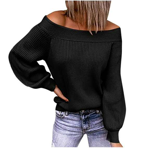 IROINNID Reduced Womens Sweater Off-The-Shoulder Pullover Sweater Solid Color Casual Short Length Long Sleeve Shirt Sweater Tops