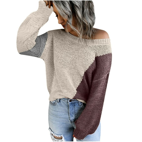 IROINNID Reduced Womens Sweater One-Shoulder Pullover Sweater Color Block Casual Short Length Long Sleeve Autumn and Winter Blouse Patchwork Tops Sweater