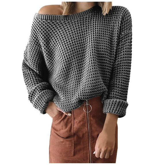 IROINNID Reduced Womens Sweater One-Shoulder Pullover Sweater Solid Color Loose Short Length Long Sleeve Diagonal Collar Sweater Tops