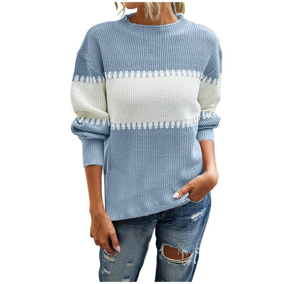 IROINNID Womens Sweater Round Neckline Pullover Sweater Color Block Casual Mid-Length Long Sleeve Matching Tops Blouse Knitted Sweater
