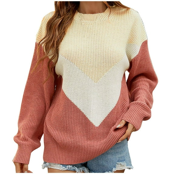 IROINNID Reduced Womens Sweater Round Neckline Pullover Sweater Color Block Casual Mid-Length Long Sleeve Fashion Tops Blouse Knitted Sweater