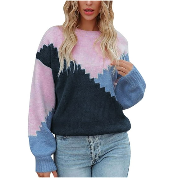 IROINNID Reduced Womens Sweater Round Neckline Pullover Sweater Color Block Leisure Mid-Length Long Sleeve Crew Neck Matching Tops Blouse Knitted Sweater