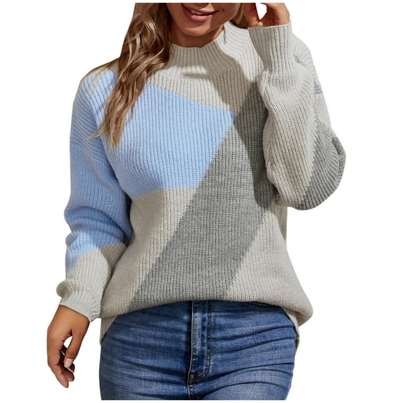 IROINNID Reduced Womens Sweater Round Neckline Pullover Sweater Color Block Loose Mid-Length Long Sleeve Matching Sweater